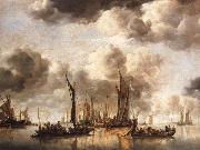 Jan van de Cappelle A Dutch Yacht Firing a Salute as a Barge Pulls Away and Many Small vessels at Anchor china oil painting reproduction